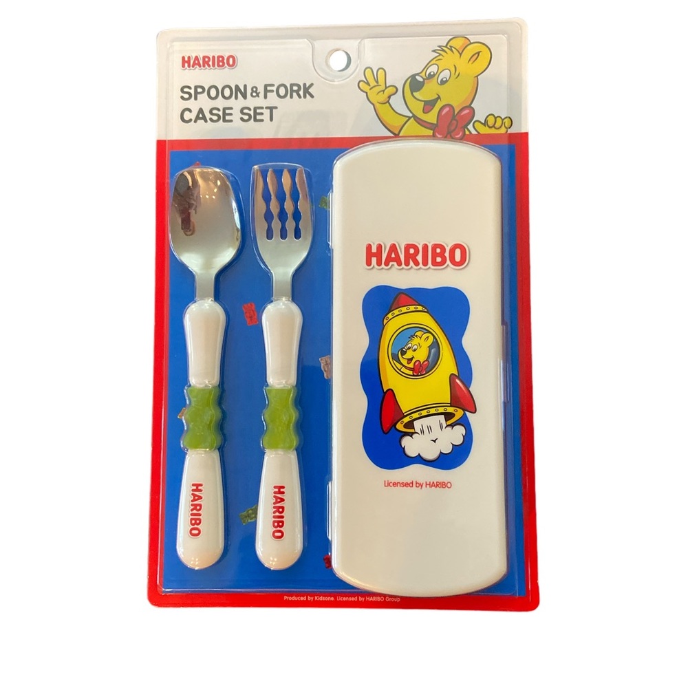 RARE NIB HARIBO GUMMY BEAR GREEN FORK & SPOON SET WITH STORAGE CASE